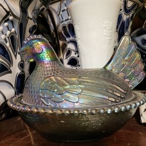 vintage carnival glass chicken on nest dish with lid